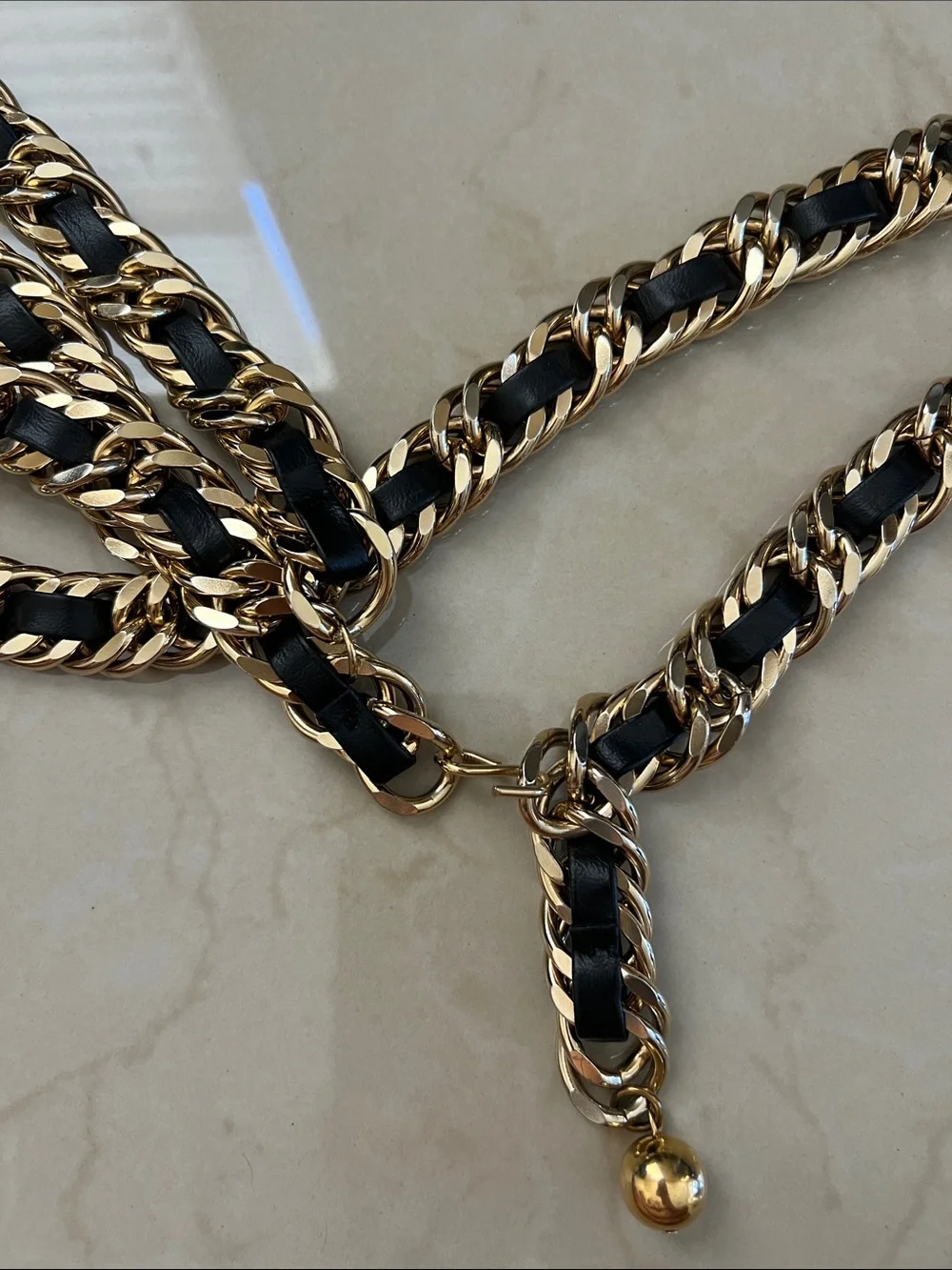 Vintage Gold Chain Belt with Black Leather Weave